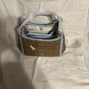 NWT Coach C6232 Kristy Shoulder Bag Tote Hobo Khaki Powder Blue Canvas Leather.